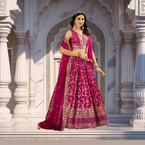 Pink Georgette Lehenga Choli: Zari Sequins Embroidery Indian Wedding Wear