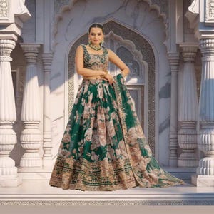 Green Floral Lehenga Choli: Indian Wedding Wear, Organza Chaniya Choli