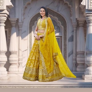 Yellow Georgette Lehenga Choli: Zari & Sequins Embroidery, Indian Wedding Wear