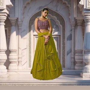 Green Georgette Lehenga Choli: Indian Wedding Wear, Sequins & Embroidery