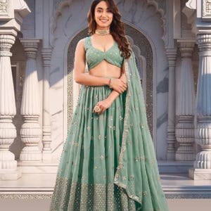 Sea Green Lehenga Choli: Georgette Indian Wedding Outfit