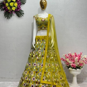 Green Lehenga Choli: Indian Wedding Wear with Mirror Embroidery