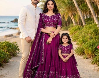 Lehenga Choli de georgette morado bordado, atuendo para damas de honor en bodas y festivales indios.