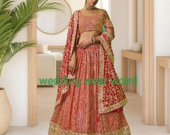 Lehenga Choli Roja: Diseño de Vestido de Novia de Seda Rangoli con Bordado
