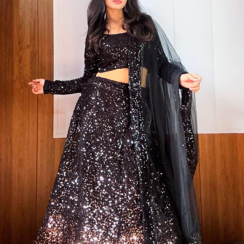 Black Lehenga Set with Matching Sleeveless Sequin Choli
