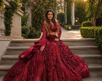 Lehenga Choli con bordado rojo: vestido de novia para bodas indias