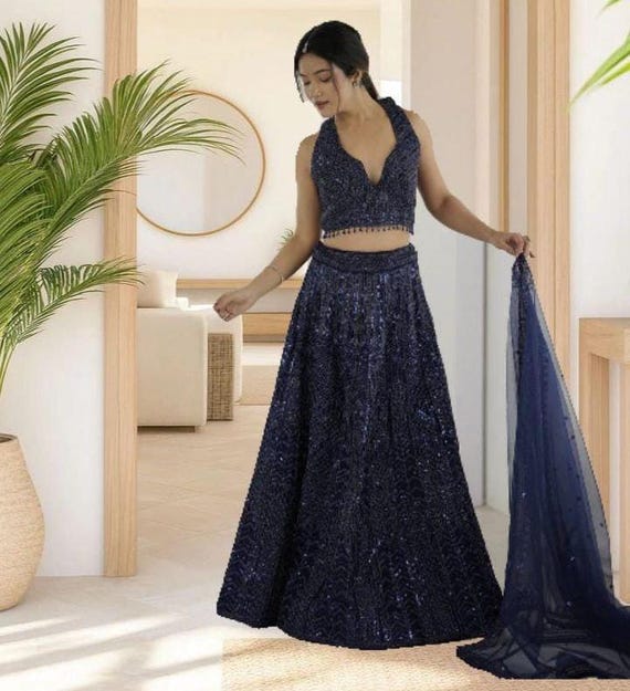 navy blue wedding dress indian Navy Blue Sequin Lehenga Choli: Indian Wedding Wear