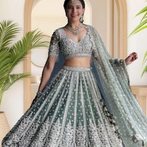 Teal Blue Net Lehenga Choli: Indian Embroidery, Wedding Wear image 1