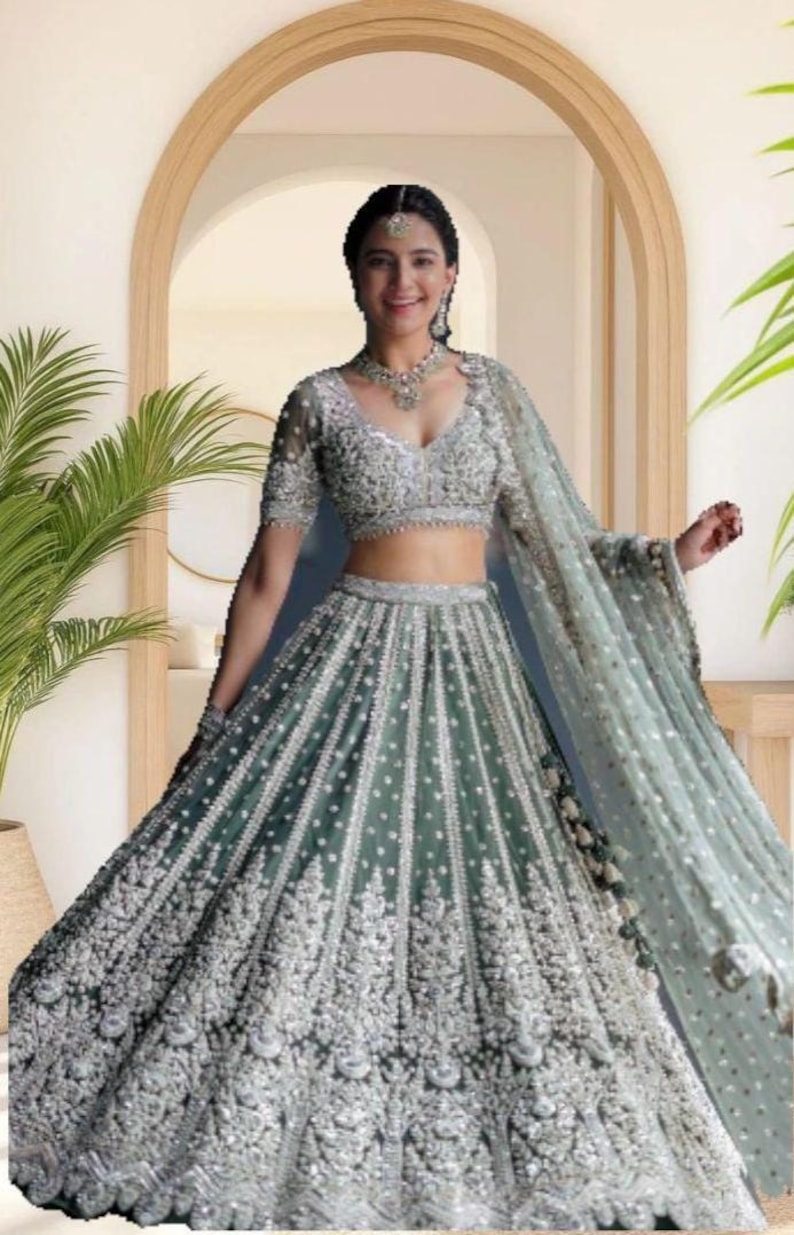 Teal Blue Net Lehenga Choli: Indian Embroidery, Wedding Wear image 1