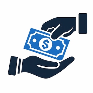 May include: A blue and white illustration of two hands exchanging a blue banknote. The banknote features a white dollar sign in the center. The image is set against a white background.