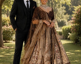 Brown Silk Embroidered Lehenga Choli with Dupatta, Indian Wedding Bridal Reception Outfit