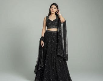 black Fox Georgette Lehenga Choli: Zari Mirror Work Indian Wedding Outfit