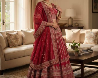 Lehenga Choli rojo: Traje de boda de seda con bordado Rangoli de diseñador