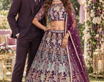 Weinrotes Lehenga Choli, besticktes indisches Hochzeitsoutfit, Brautmode im Ethno-Stil