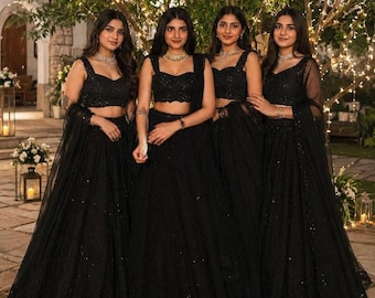 Lehenga Choli noir : paillettes et broderie Dori, tenues de mariage indiennes