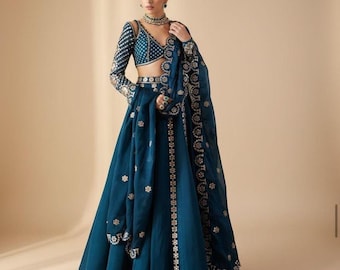 Blue Ready To Wear Lehenga Choli: Indian Wedding Wear, Malali Silk, Sequin & Zari Work