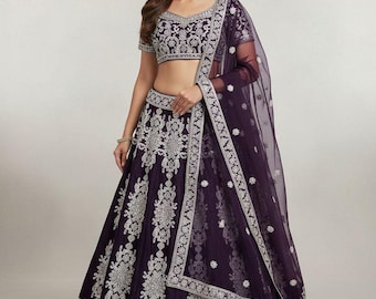 Dark violet Georgette Lehenga Choli: Indian Embroidery Wedding Wear