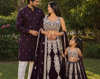 Lehenga Choli de georgette violeta oscuro, conjunto nupcial bordado, vestido de fiesta.
