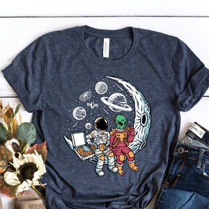 Astronaut Alien Pizza Moon Shirt Retro Space Graphic Tee Sci-Fi Apparel