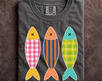 Patchwork Quilted Fish Shirt Coastal Comfort Colors Summer Graphic Tee