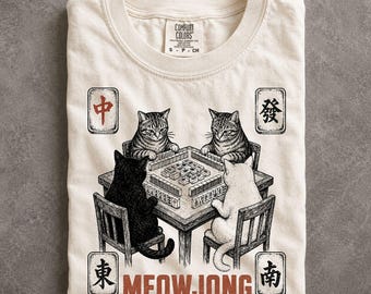 Meowjong Comfort Colors Shirt Retro Cats Playing Mahjong Game Night Tee