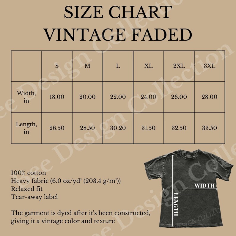Op de afbeelding: Maattabel voor een vintage verbleekt T-shirt. De tabel toont de breedte en lengte in inches voor de maten S, M, L, XL, 2XL en 3XL. De stof is 100% katoen, zwaar en heeft een ontspannen pasvorm. Het kledingstuk wordt na de constructie geverfd, waardoor het een vintage kleur en textuur krijgt.