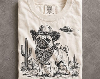 Vintage Pug UFO Shirt, Western Cowboy Pug Tee, Retro Alien Dog Lover Gift for Pug Owners