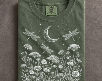 Celestial Dragonfly Crescent Moon T-shirt Cottagecore Nature Insect Graphic Garden