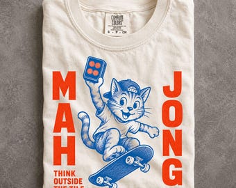 Mahjong Social Club Retro Cat Skateboard Shirt Game Night Graphic Tee