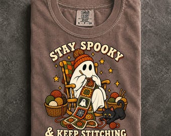 Cozy Crochet Ghost Comfort Colors T-Shirt, Granny Square Stitching With Black Cat
