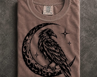 Raven Moon Gothic Comfort Colors Shirt, Vintage Woodcut Celestial Crow Art