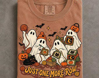 Funny Halloween Crochet Comfort Colors T-Shirt, Ghosts With Pumpkins, Bats, and Yarn