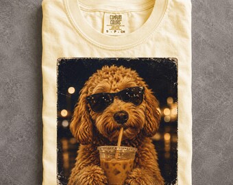 Comfort Colors Goldendoodle Drinking Iced Coffee T-Shirt, Funny Dog Lover Gift Graphic Tee