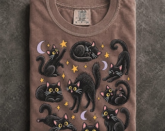 Black Cat Halloween Comfort Colors Shirt, Retro Celestial Moon Stars, Spooky Cat Lover Gift