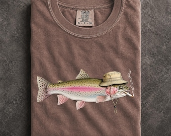 Funny Fishing Shirt, Smoking Rainbow Trout in Bucket Hat, Comfort Colors Angler Gift