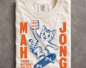 Skateboarding Cat Graphic Shirt Vintage Mahjong Tile Animal Lover Tee