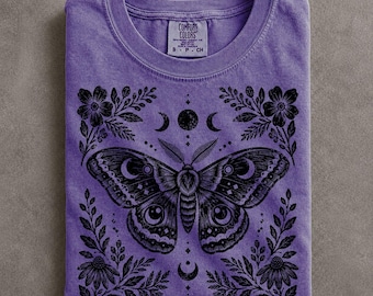 Moth Linocut Block Print Shirt, Botanical Nature Oversize Womens Unisex Comfort Colors Tee