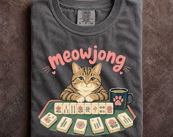 Meowjong Mahjong Cat Graphic Comfort Colors Tshirt Feline Game Enthusiast Top