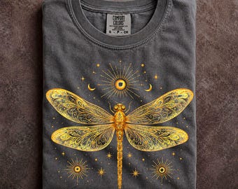 Bright Golden Dragonfly Shirt Bold Maximalist Fashion Statement Nature Graphic Tee