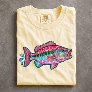 May include: A pale yellow t-shirt featuring a graphic of a fish covered in colorful sequins. The fish design displays shades of pink, teal, and purple with a dark outline. The shirt has a crew neckline and a Comfort Colors brand label at the neck.