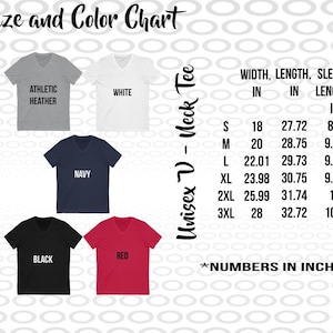 Op de afbeelding: Maattabel en kleurenkaart voor een unisex V-hals T-shirt. De tabel toont de breedte, lengte en mouwlengte in inches voor de maten S, M, L, XL, 2XL en 3XL. De beschikbare kleuren zijn sport heather, wit, marine, zwart en rood.