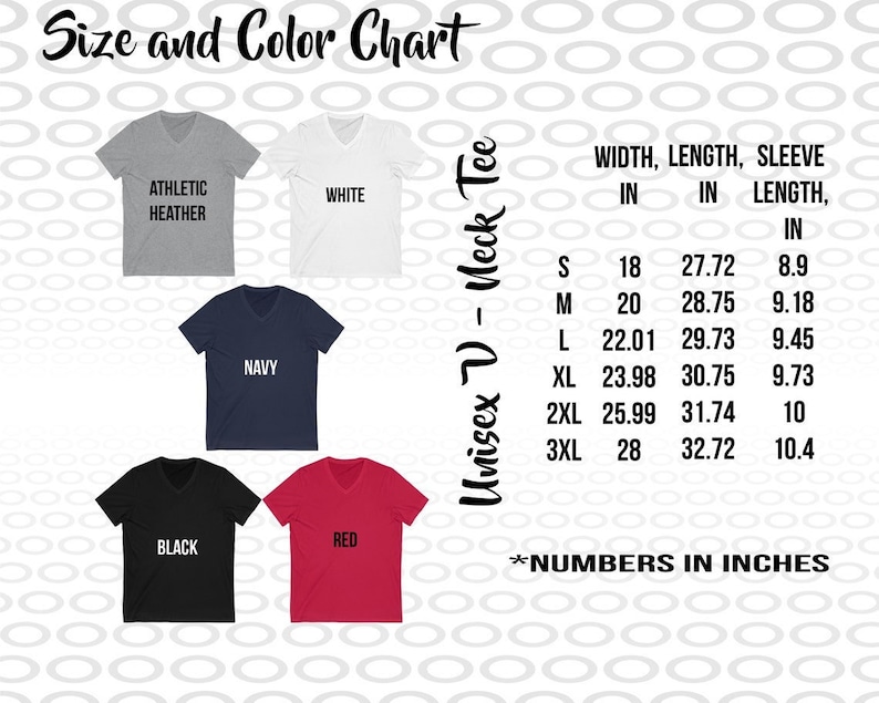 Op de afbeelding: Maattabel en kleurenkaart voor een unisex V-hals T-shirt. De tabel toont de breedte, lengte en mouwlengte in inches voor de maten S, M, L, XL, 2XL en 3XL. De beschikbare kleuren zijn sport heather, wit, marine, zwart en rood.