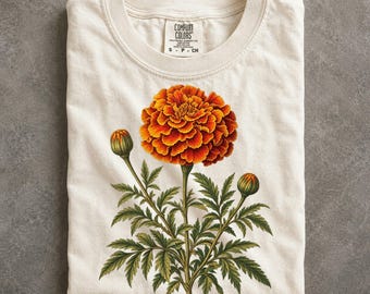 Vintage Marigold Botanical Comfort Colors T-Shirt, Victorian Floral Illustration