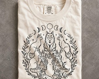 Cat Coven Comfort Colors Shirt, Celestial Moon Phases, Witchy Crystal Cat Lover Gift