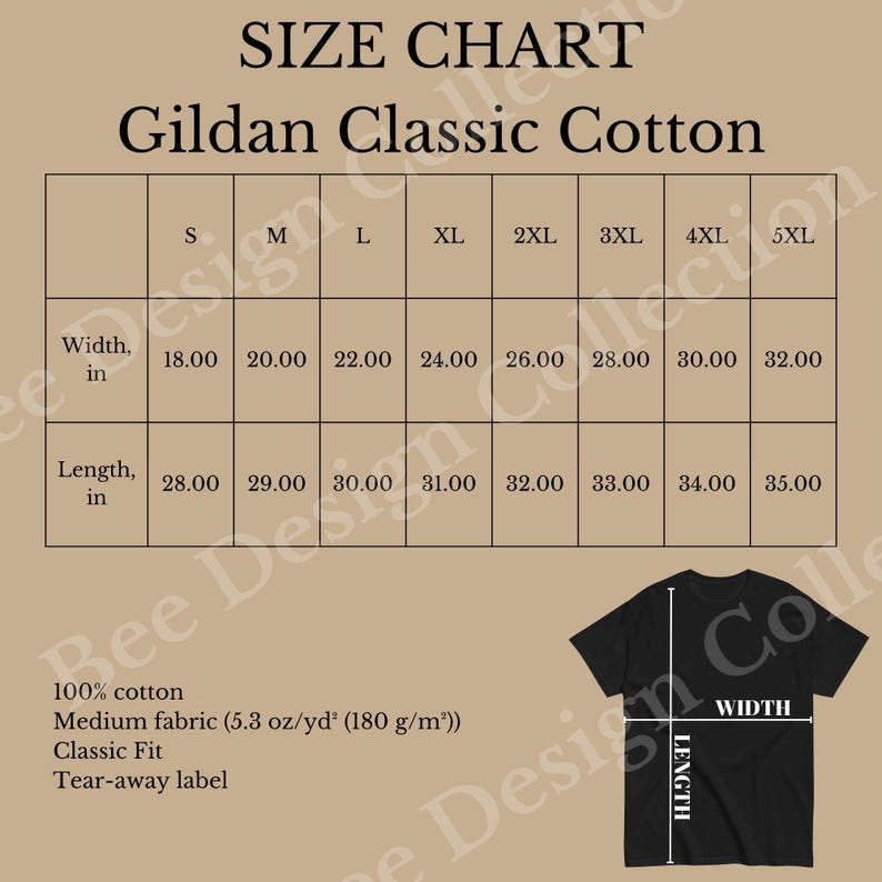 Op de afbeelding: Maattabel voor Gildan Classic Cotton T-shirts, met de afmetingen in inches voor breedte en lengte. De maten vari&euml;ren van S tot 5XL. De tabel bevat ook details over de stof: 100% katoen, middelzware stof (5,3 oz/yd&sup2; (180 g/m&sup2;)), klassieke pasvorm en afscheurbare label.