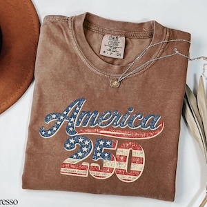 Pode incluir: Camiseta cor de caf&eacute; com o texto "America 250" em um design patri&oacute;tico. A palavra "America" est&aacute; em azul com estrelas brancas, e "250" apresenta listras vermelhas e brancas. Um colar de prata com um pingente est&aacute; na camiseta.