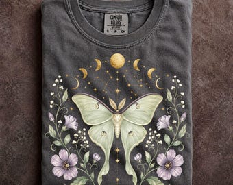 Luna Moth Celestial Moon Phase Comfort Colors Shirt Dark Academia Botanical Tee