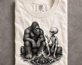 Bigfoot Alien Campfire Shirt Sasquatch UFO Cryptid Camping Graphic Tee