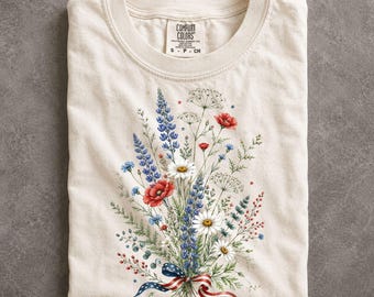 4th of July Wildflower Comfort Colors Shirt Patriotic Floral Independence Day Graphic Tee