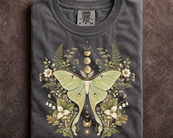 Botanical Luna Moth Comfort Colors Shirt Cottagecore Wildflower Moon Phase Tee